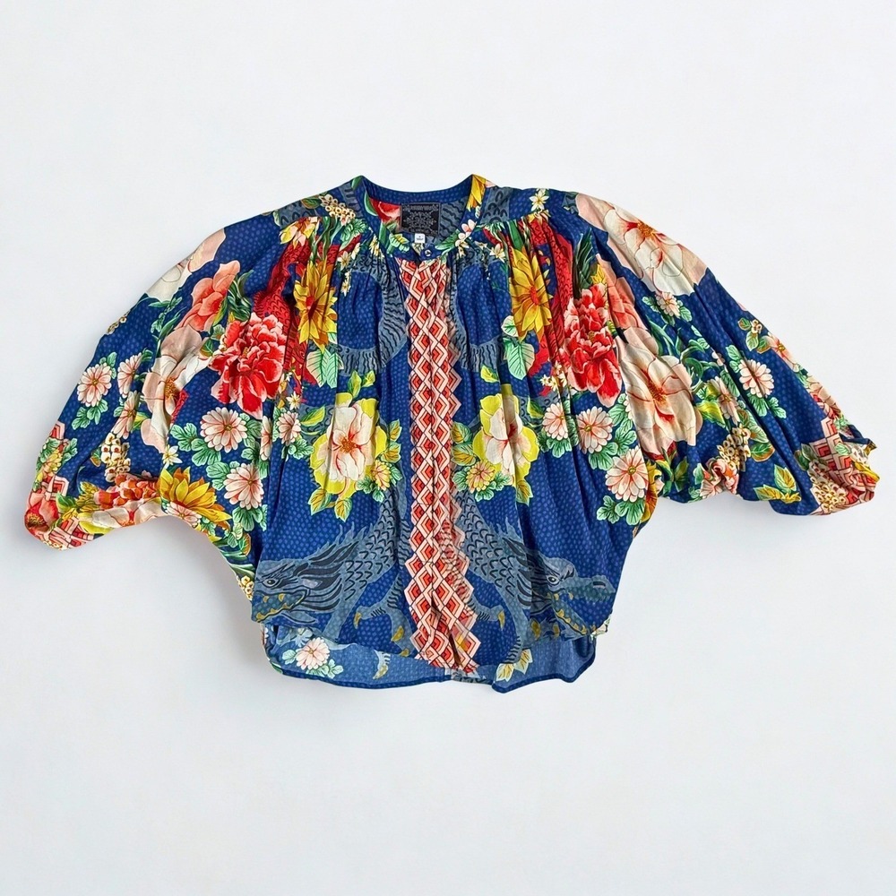 Johnny Was Jader Blouse Women S Blue Dragon Floral Silk Dolman Sleeve Boho Top - Picture 2 of 9